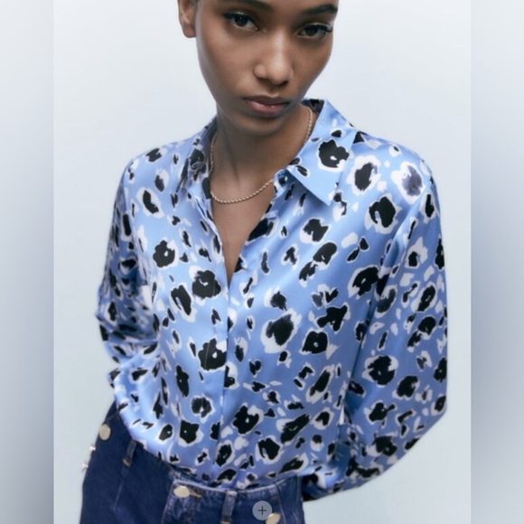 Zara Tops - Zara Blue and Black Animal Print Blouse size Large